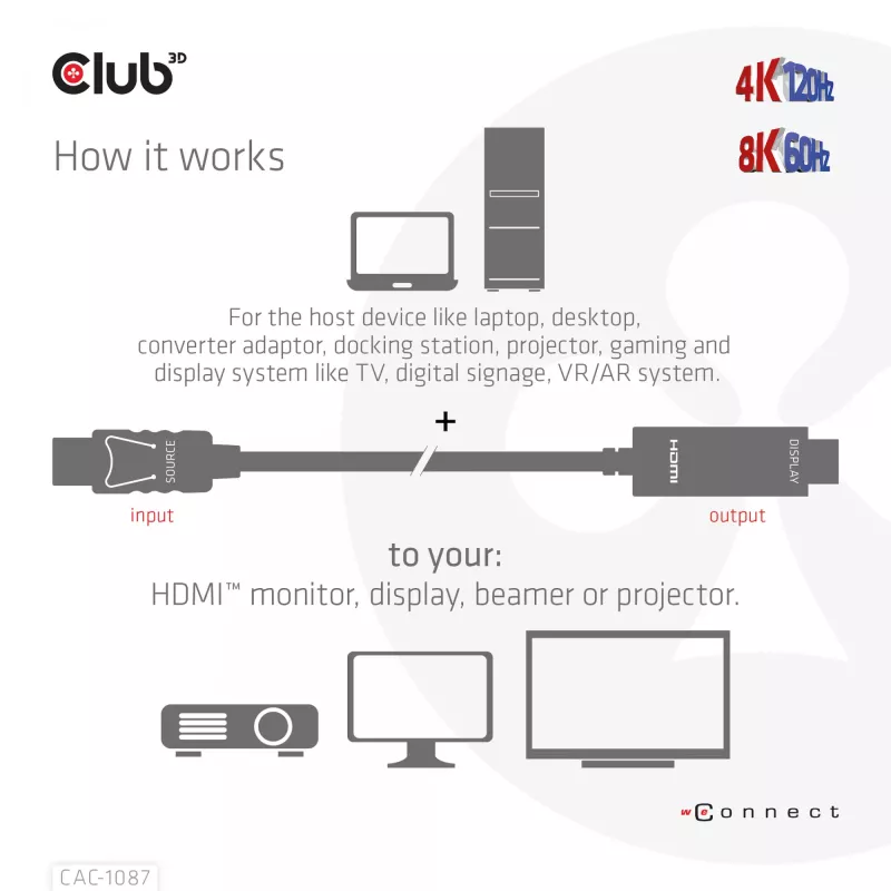 CLUB3D DisplayPort 1.4 uz HDMI 4K120Hz vai 8K60Hz HDR10 kabelis M/M 3m