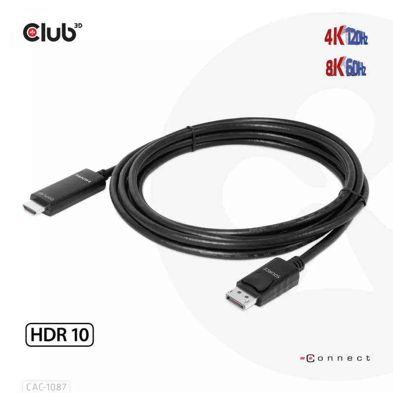 CLUB3D DisplayPort 1.4 uz HDMI 4K120Hz vai 8K60Hz HDR10 kabelis M/M 3m