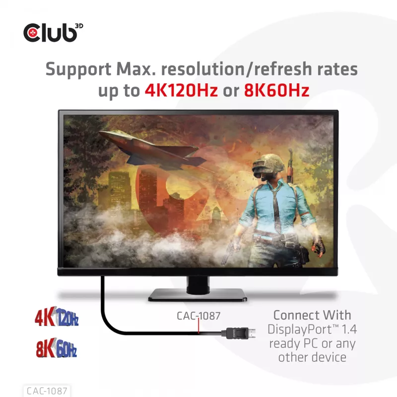CLUB3D DisplayPort 1.4 uz HDMI 4K120Hz vai 8K60Hz HDR10 kabelis M/M 3m