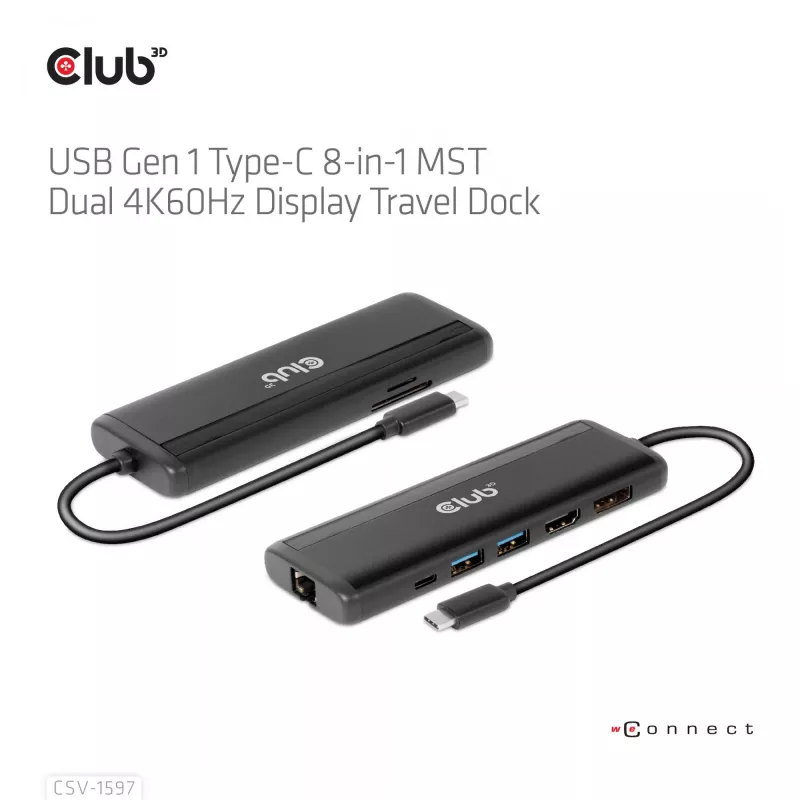 CLUB3D USB Gen 1 Type-C 8-in-1 MST Dual 4K60Hz Display Travel Dock