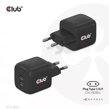CLUB3D ceļojumu lādētājs PPS 45W GAN tehnoloģija, Divi USB Type-C porti, Power Delivery (PD) 3.0 atbalsts