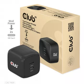 CLUB3D ceļojumu lādētājs PPS 45W GAN tehnoloģija, Divi USB Type-C porti, Power Delivery (PD) 3.0 atbalsts