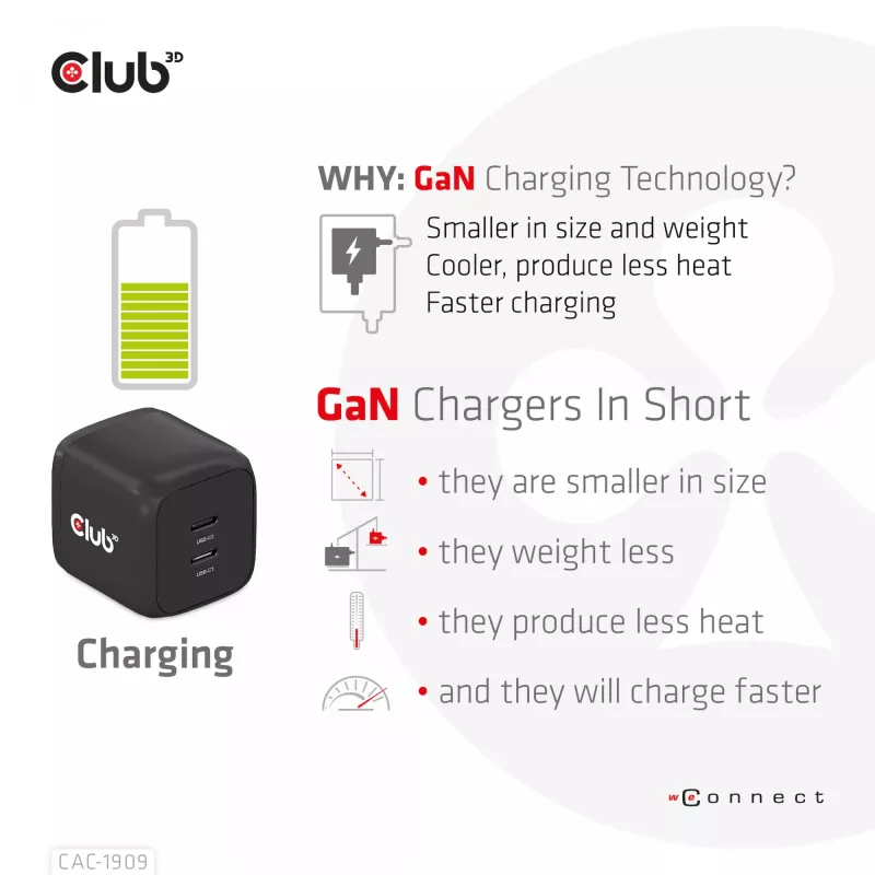 CLUB3D ceļojumu lādētājs PPS 45W GAN tehnoloģija, Divi USB Type-C porti, Power Delivery (PD) 3.0 atbalsts