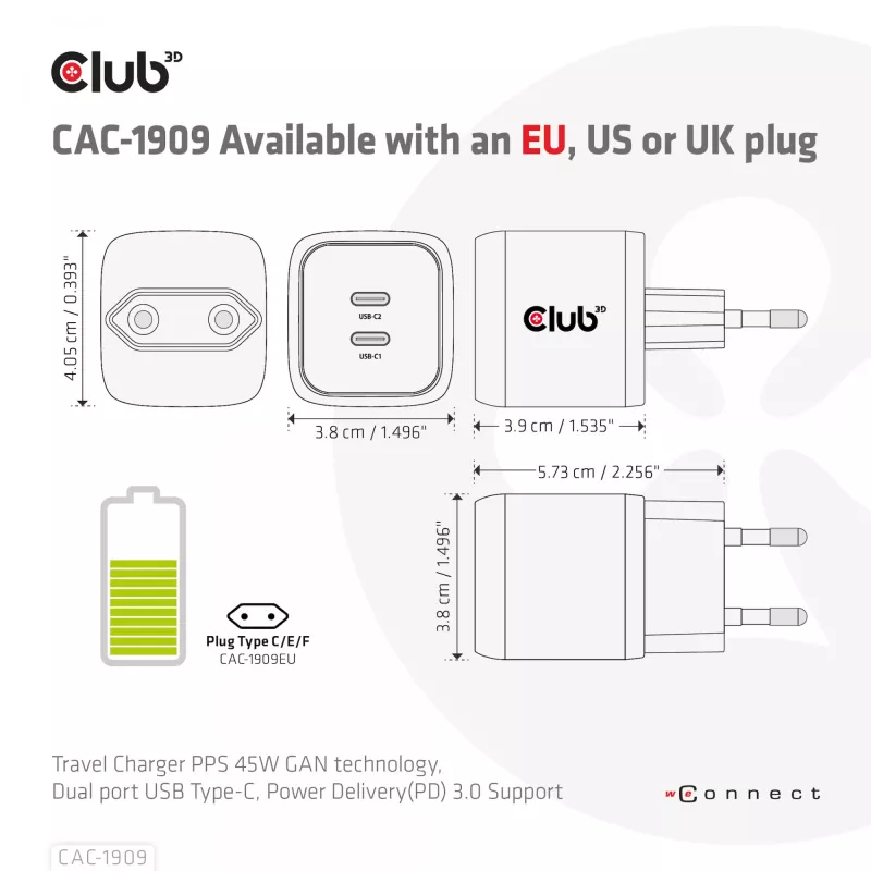 CLUB3D ceļojumu lādētājs PPS 45W GAN tehnoloģija, Divi USB Type-C porti, Power Delivery (PD) 3.0 atbalsts