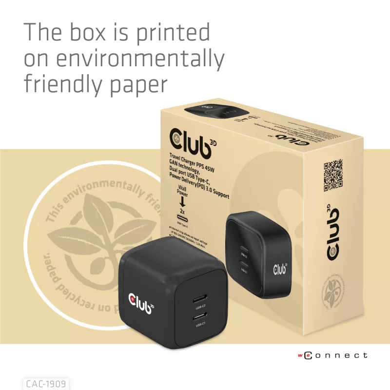 CLUB3D ceļojumu lādētājs PPS 45W GAN tehnoloģija, Divi USB Type-C porti, Power Delivery (PD) 3.0 atbalsts