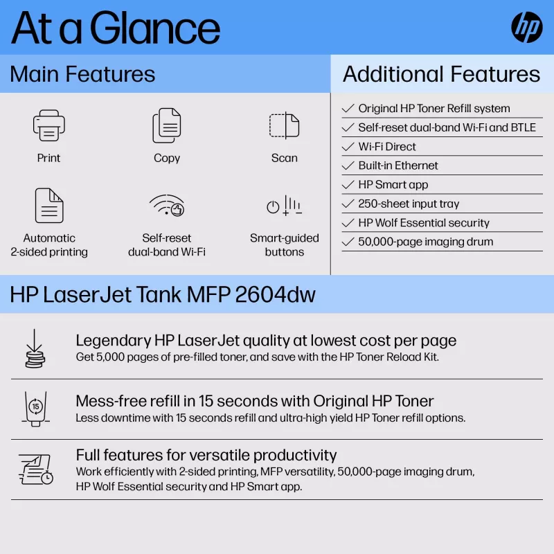 HP LaserJet Tank MFP 2604dw printeris, lāzeris, vienkrāsainā druka, 600 x 600 DPI, A4, tiešā druka, pelēks