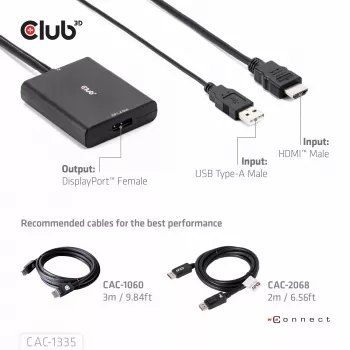 CLUB3D HDMI + Micro USB to DisplayPort™ 4K120Hz vai 8K30Hz M/F aktīvais adapteris