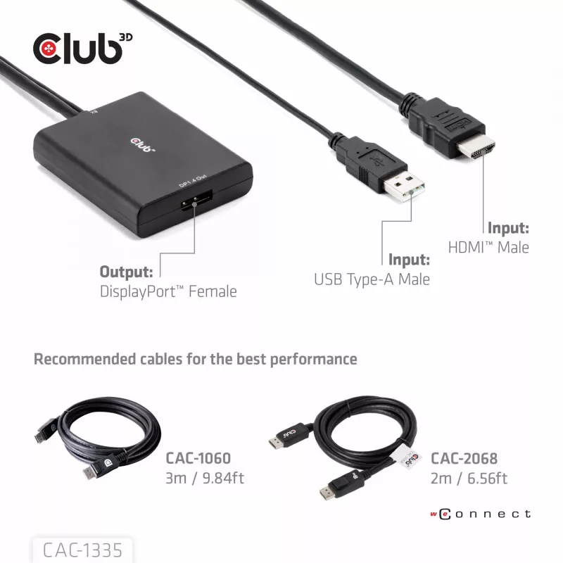 CLUB3D HDMI + Micro USB to DisplayPort™ 4K120Hz vai 8K30Hz M/F aktīvais adapteris