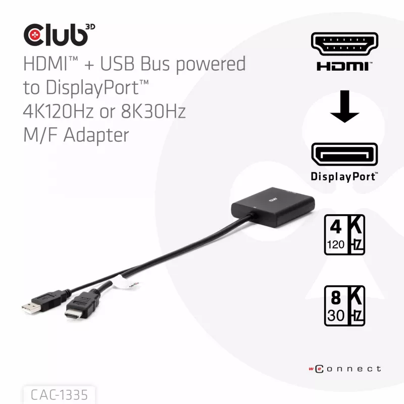 CLUB3D HDMI + Micro USB to DisplayPort™ 4K120Hz vai 8K30Hz M/F aktīvais adapteris