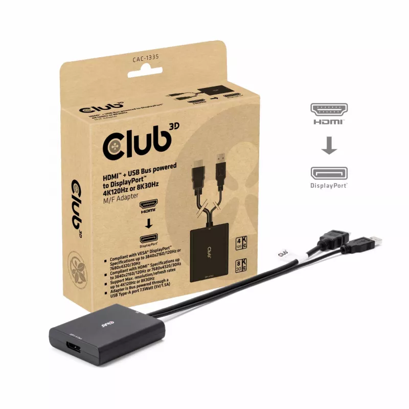 CLUB3D HDMI + Micro USB to DisplayPort™ 4K120Hz vai 8K30Hz M/F aktīvais adapteris