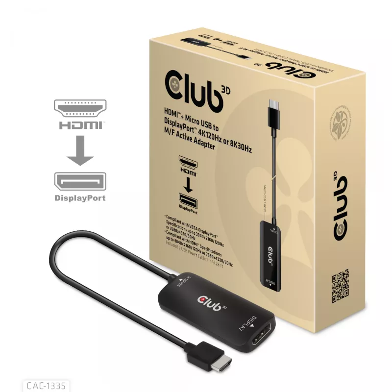 CLUB3D HDMI + Micro USB to DisplayPort™ 4K120Hz vai 8K30Hz M/F aktīvais adapteris