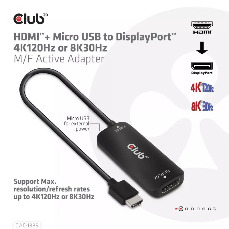 CLUB3D HDMI + Micro USB to DisplayPort™ 4K120Hz vai 8K30Hz M/F aktīvais adapteris