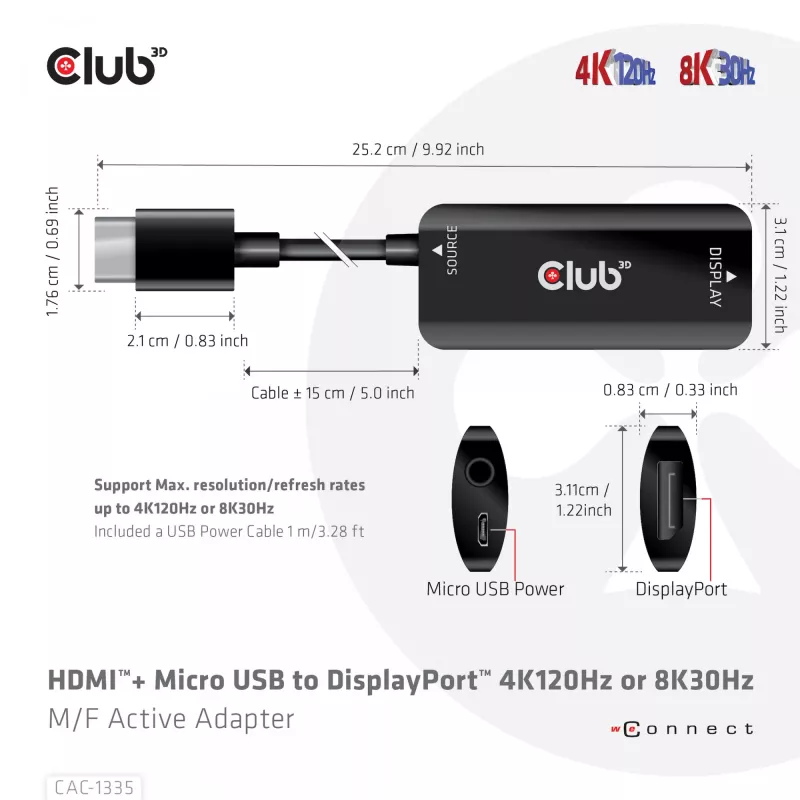 CLUB3D HDMI + Micro USB to DisplayPort™ 4K120Hz vai 8K30Hz M/F aktīvais adapteris