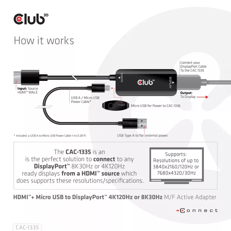 CLUB3D HDMI + Micro USB to DisplayPort™ 4K120Hz vai 8K30Hz M/F aktīvais adapteris