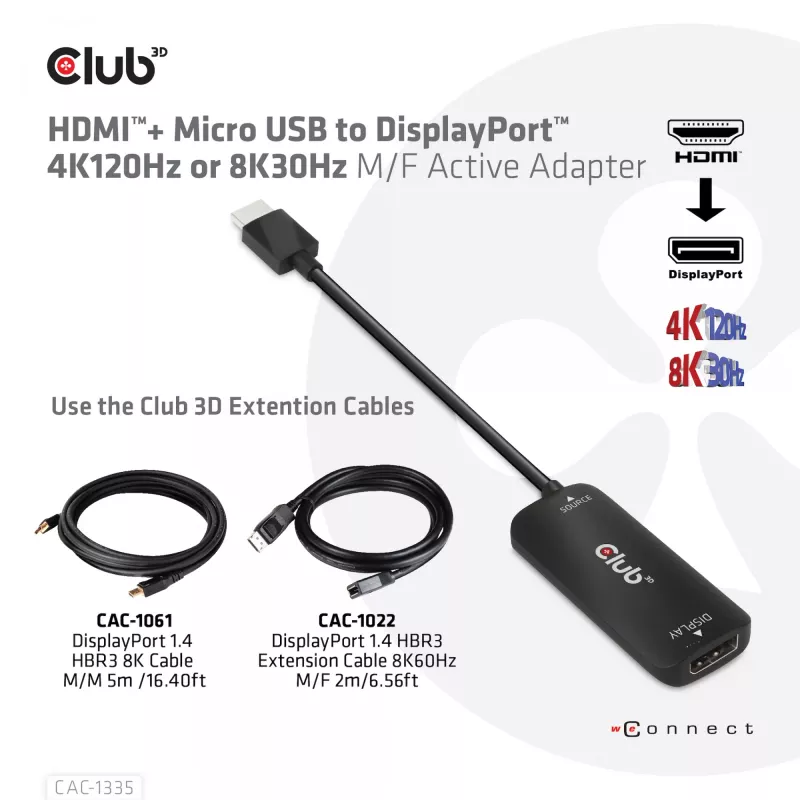 CLUB3D HDMI + Micro USB to DisplayPort™ 4K120Hz vai 8K30Hz M/F aktīvais adapteris