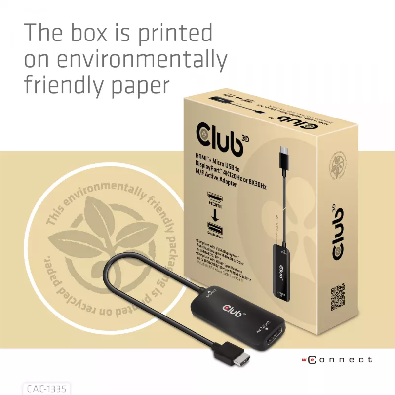 CLUB3D HDMI + Micro USB to DisplayPort™ 4K120Hz vai 8K30Hz M/F aktīvais adapteris