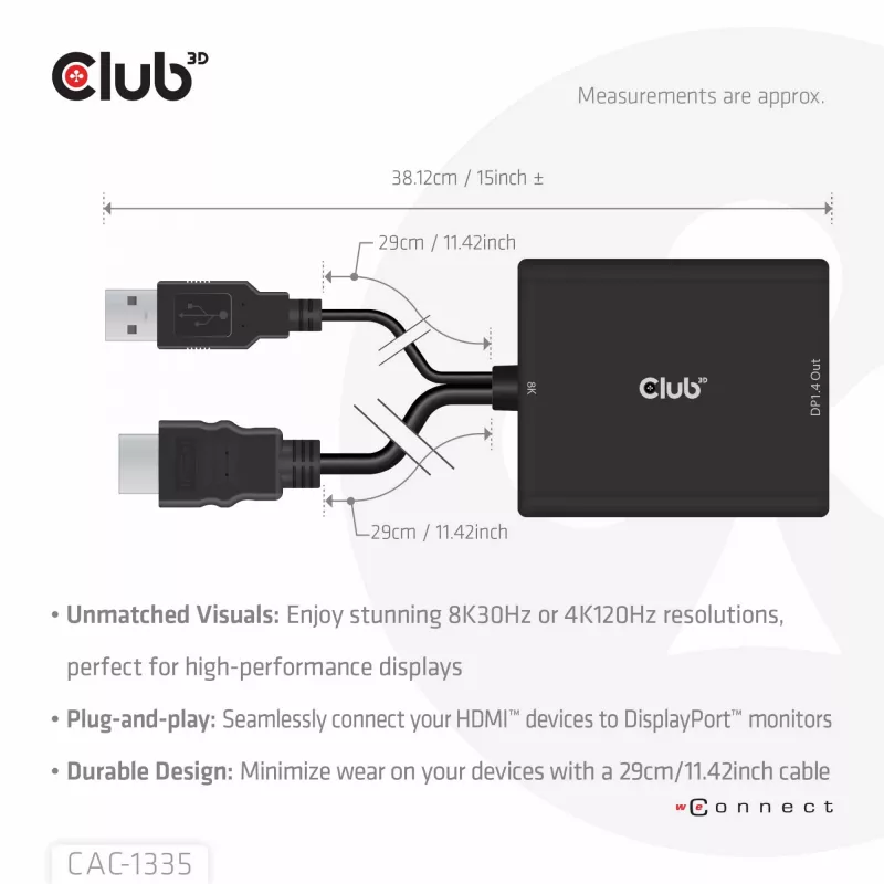 CLUB3D HDMI + Micro USB to DisplayPort™ 4K120Hz vai 8K30Hz M/F aktīvais adapteris