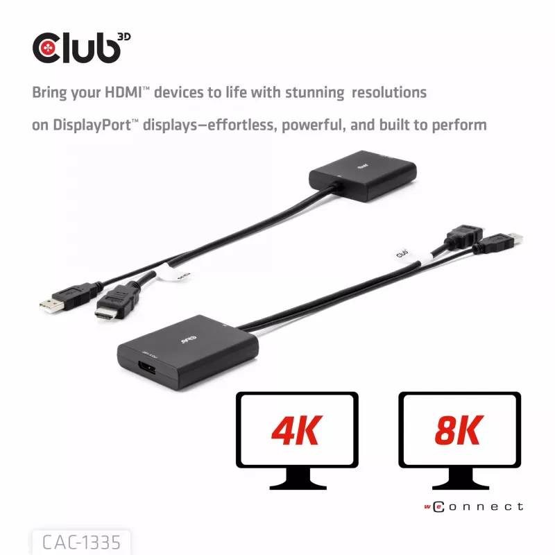 CLUB3D HDMI + Micro USB to DisplayPort™ 4K120Hz vai 8K30Hz M/F aktīvais adapteris