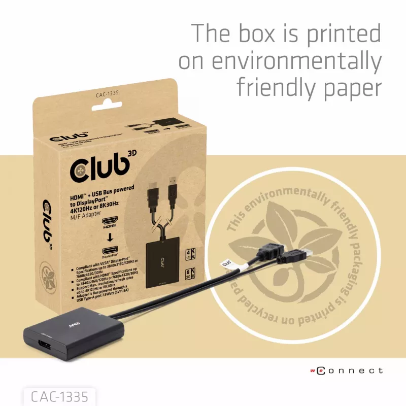 CLUB3D HDMI + Micro USB to DisplayPort™ 4K120Hz vai 8K30Hz M/F aktīvais adapteris