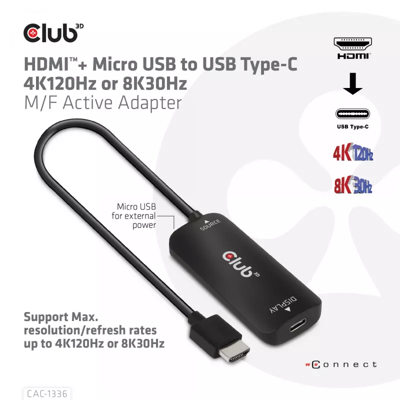 CLUB3D HDMI + Micro USB uz USB Type-C 4K120Hz vai 8K30Hz M/F aktīvais adapteris
