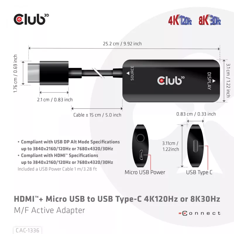 CLUB3D HDMI + Micro USB uz USB Type-C 4K120Hz vai 8K30Hz M/F aktīvais adapteris