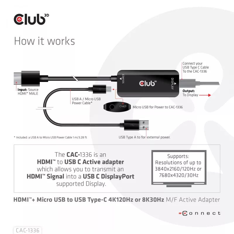 CLUB3D HDMI + Micro USB uz USB Type-C 4K120Hz vai 8K30Hz M/F aktīvais adapteris