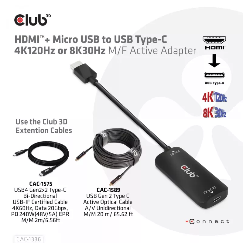 CLUB3D HDMI + Micro USB uz USB Type-C 4K120Hz vai 8K30Hz M/F aktīvais adapteris