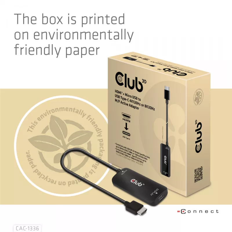CLUB3D HDMI + Micro USB uz USB Type-C 4K120Hz vai 8K30Hz M/F aktīvais adapteris