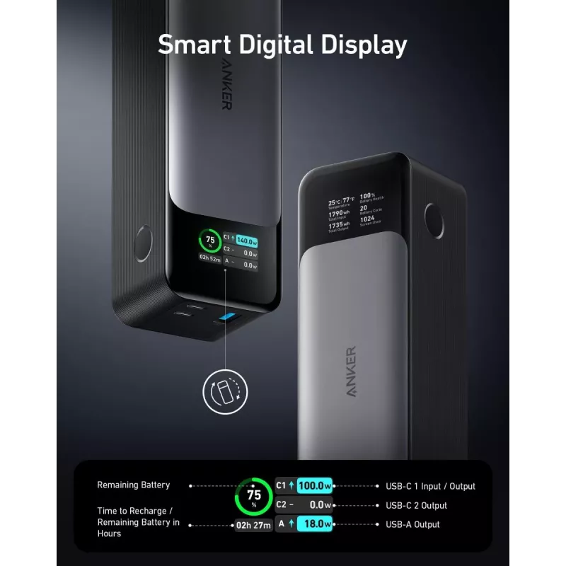 Pārnēsājams lādētājs Anker 737 (A1289011) — 24000 mAh, 140W, 2× USB-C + 1× USB-A, Sudraba/Melns
