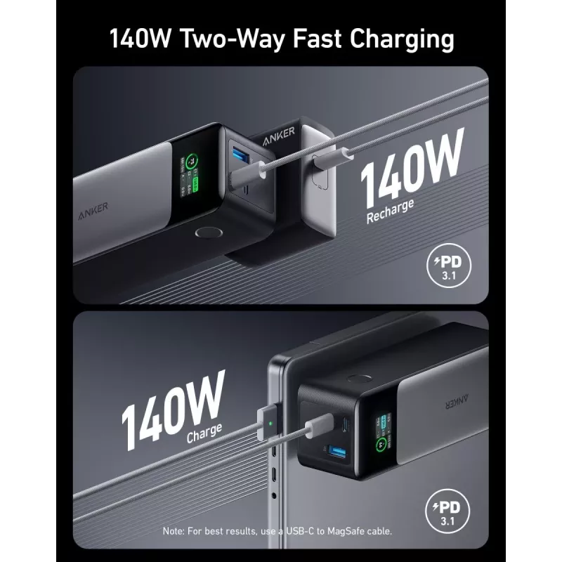 Pārnēsājams lādētājs Anker 737 (A1289011) — 24000 mAh, 140W, 2× USB-C + 1× USB-A, Sudraba/Melns