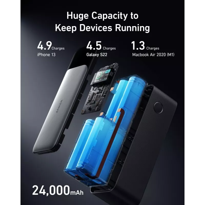 Pārnēsājams lādētājs Anker 737 (A1289011) — 24000 mAh, 140W, 2× USB-C + 1× USB-A, Sudraba/Melns