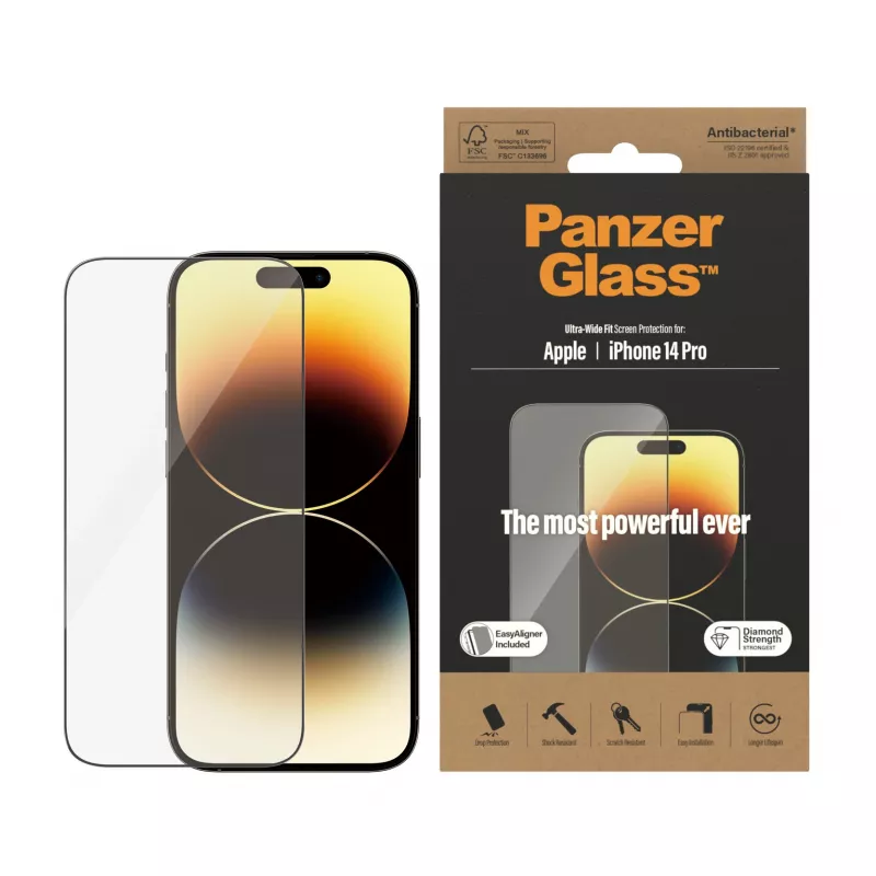 Ekrāna aizsargs PanzerGlass Apple iPhone 14 Pro Ultra-Wide Fit EasyAligner Izturīgs pret skrāpējumiem un triecieniem
