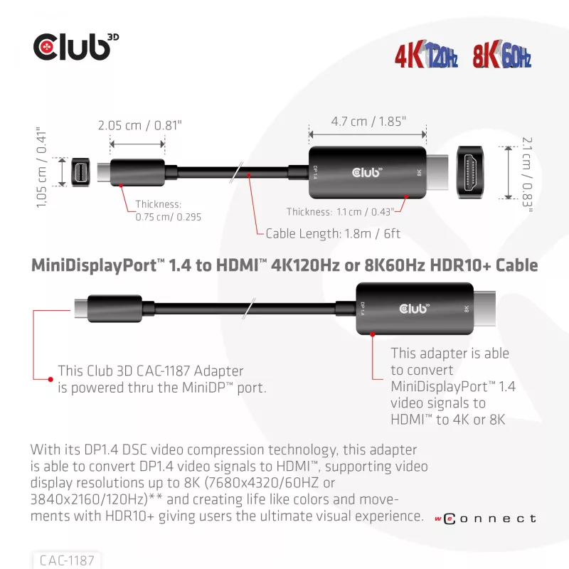 CLUB3D MiniDisplayPort 1.4 uz HDMI 4K120Hz vai 8K60Hz HDR10+ kabelis M/M 1,8m / 6 pēdas