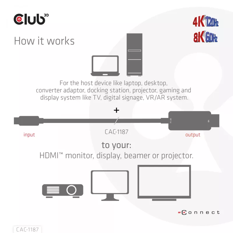 CLUB3D MiniDisplayPort 1.4 uz HDMI 4K120Hz vai 8K60Hz HDR10+ kabelis M/M 1,8m / 6 pēdas