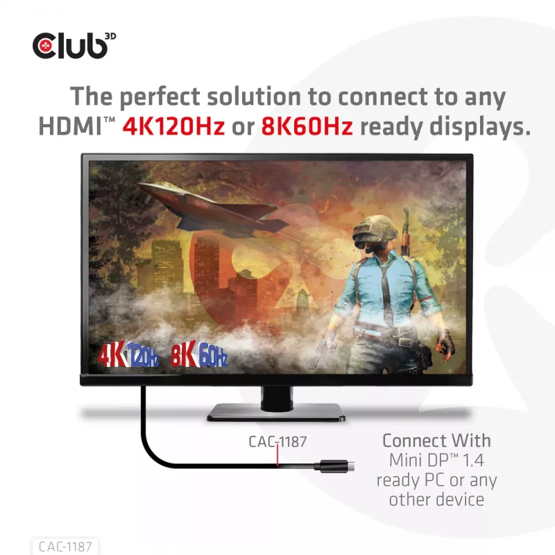 CLUB3D MiniDisplayPort 1.4 uz HDMI 4K120Hz vai 8K60Hz HDR10+ kabelis M/M 1,8m / 6 pēdas