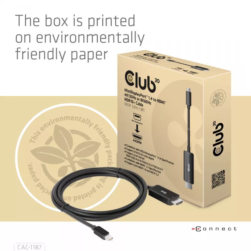 CLUB3D MiniDisplayPort 1.4 uz HDMI 4K120Hz vai 8K60Hz HDR10+ kabelis M/M 1,8m / 6 pēdas