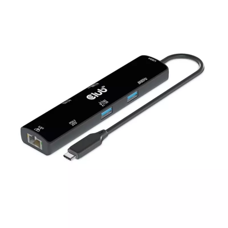 CLUB3D USB4™ Gen3x2 Type-C, 6-in-1 centrmezgls ar HDMI™ 8K60Hz vai 4K120Hz, 2xUSB Typee-A(10G), Ethernet RJ45(2.5G) un 2xUSB Type-C, 1x Data(10G) un 1xPD3.0 uzlāde 100 W