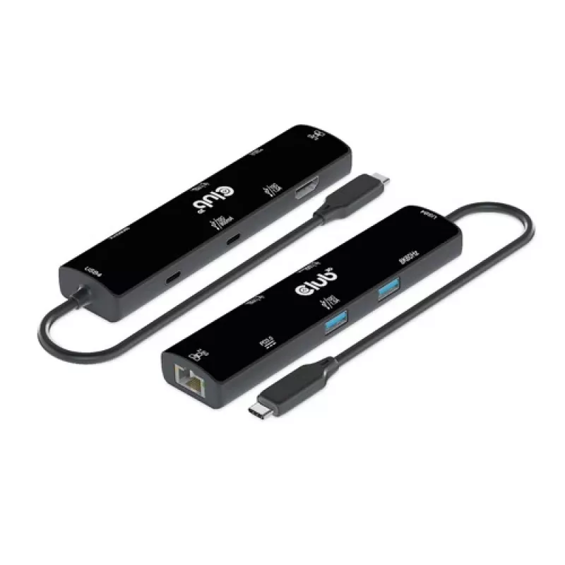 CLUB3D USB4™ Gen3x2 Type-C, 6-in-1 centrmezgls ar HDMI™ 8K60Hz vai 4K120Hz, 2xUSB Typee-A(10G), Ethernet RJ45(2.5G) un 2xUSB Type-C, 1x Data(10G) un 1xPD3.0 uzlāde 100 W