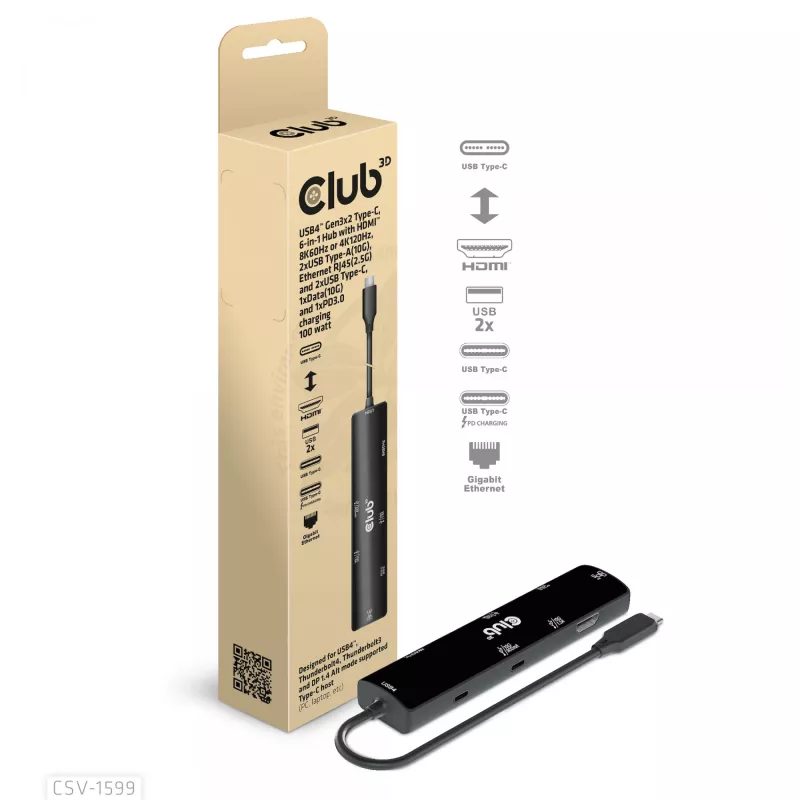 CLUB3D USB4™ Gen3x2 Type-C, 6-in-1 centrmezgls ar HDMI™ 8K60Hz vai 4K120Hz, 2xUSB Typee-A(10G), Ethernet RJ45(2.5G) un 2xUSB Type-C, 1x Data(10G) un 1xPD3.0 uzlāde 100 W