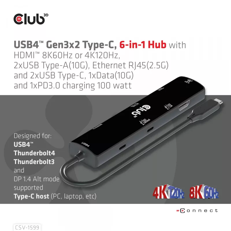 CLUB3D USB4™ Gen3x2 Type-C, 6-in-1 centrmezgls ar HDMI™ 8K60Hz vai 4K120Hz, 2xUSB Typee-A(10G), Ethernet RJ45(2.5G) un 2xUSB Type-C, 1x Data(10G) un 1xPD3.0 uzlāde 100 W