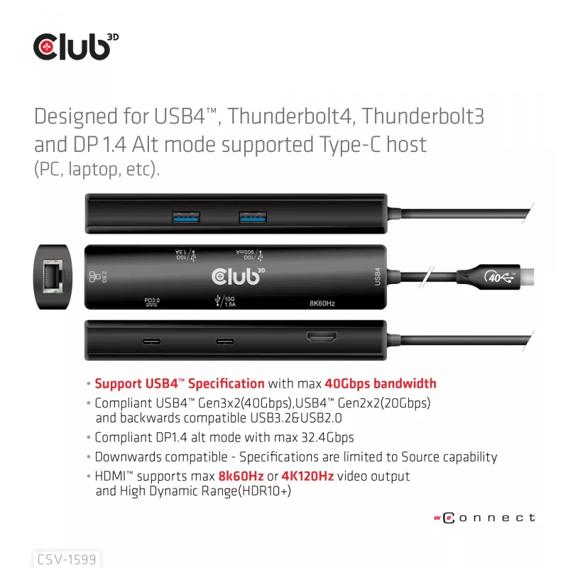 CLUB3D USB4™ Gen3x2 Type-C, 6-in-1 centrmezgls ar HDMI™ 8K60Hz vai 4K120Hz, 2xUSB Typee-A(10G), Ethernet RJ45(2.5G) un 2xUSB Type-C, 1x Data(10G) un 1xPD3.0 uzlāde 100 W