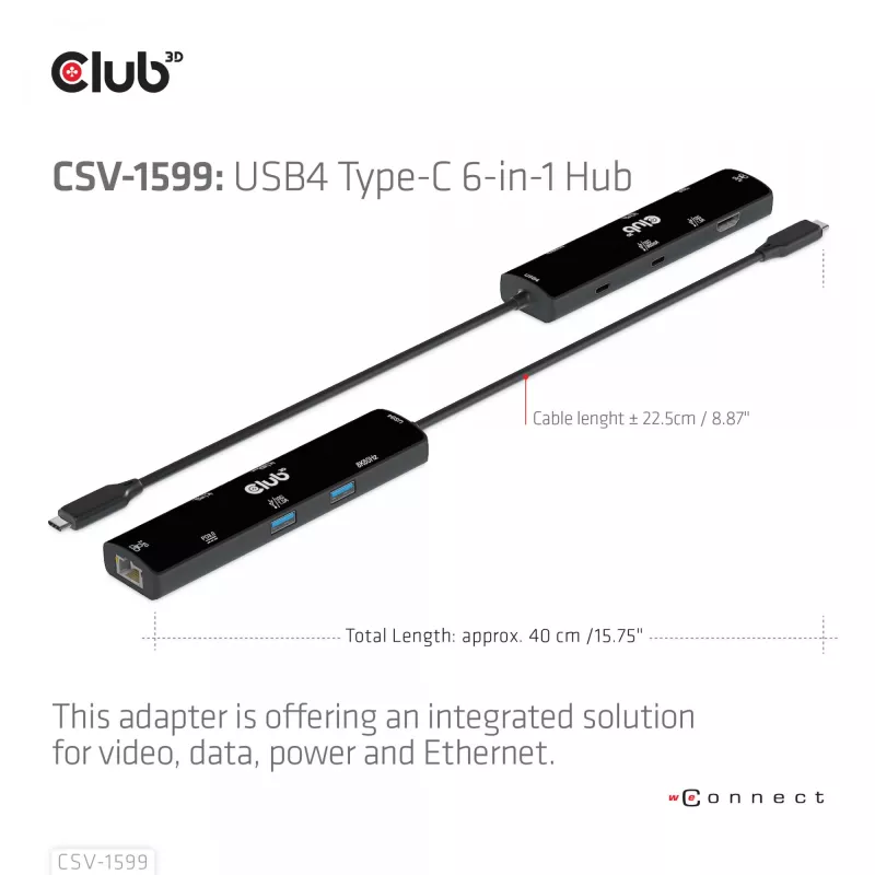 CLUB3D USB4™ Gen3x2 Type-C, 6-in-1 centrmezgls ar HDMI™ 8K60Hz vai 4K120Hz, 2xUSB Typee-A(10G), Ethernet RJ45(2.5G) un 2xUSB Type-C, 1x Data(10G) un 1xPD3.0 uzlāde 100 W