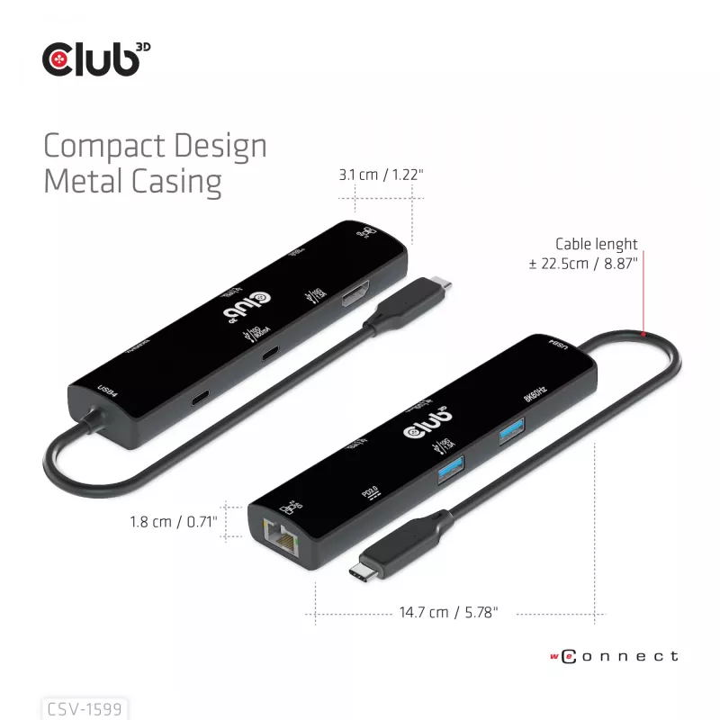 CLUB3D USB4™ Gen3x2 Type-C, 6-in-1 centrmezgls ar HDMI™ 8K60Hz vai 4K120Hz, 2xUSB Typee-A(10G), Ethernet RJ45(2.5G) un 2xUSB Type-C, 1x Data(10G) un 1xPD3.0 uzlāde 100 W