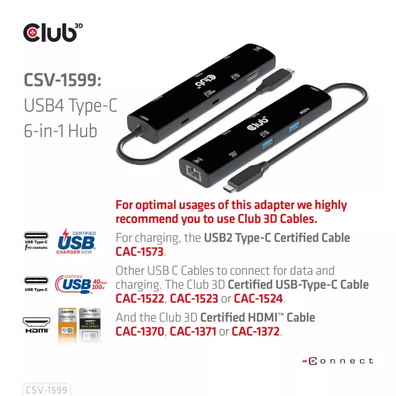 CLUB3D USB4™ Gen3x2 Type-C, 6-in-1 centrmezgls ar HDMI™ 8K60Hz vai 4K120Hz, 2xUSB Typee-A(10G), Ethernet RJ45(2.5G) un 2xUSB Type-C, 1x Data(10G) un 1xPD3.0 uzlāde 100 W
