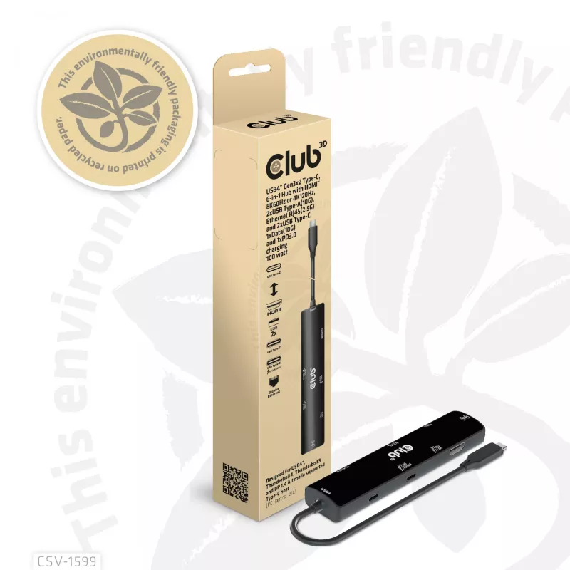 CLUB3D USB4™ Gen3x2 Type-C, 6-in-1 centrmezgls ar HDMI™ 8K60Hz vai 4K120Hz, 2xUSB Typee-A(10G), Ethernet RJ45(2.5G) un 2xUSB Type-C, 1x Data(10G) un 1xPD3.0 uzlāde 100 W