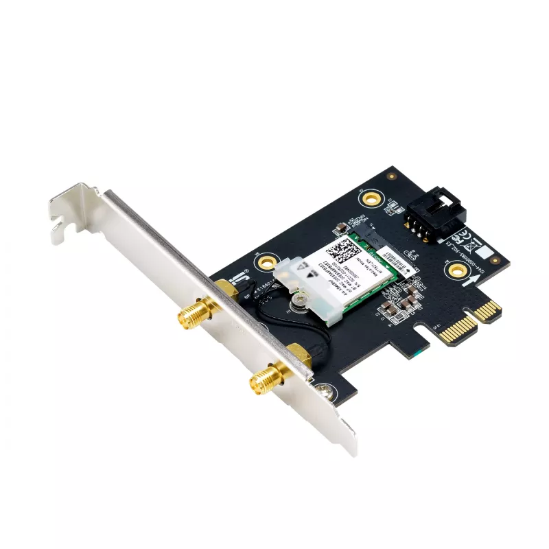 Iekšējā WLAN karte ASUS PCE-AXE5400 — PCIe, Wi‑Fi 6E trīsjoslu (2.4/5/6 GHz), 2402 Mbps, Bluetooth 5.2