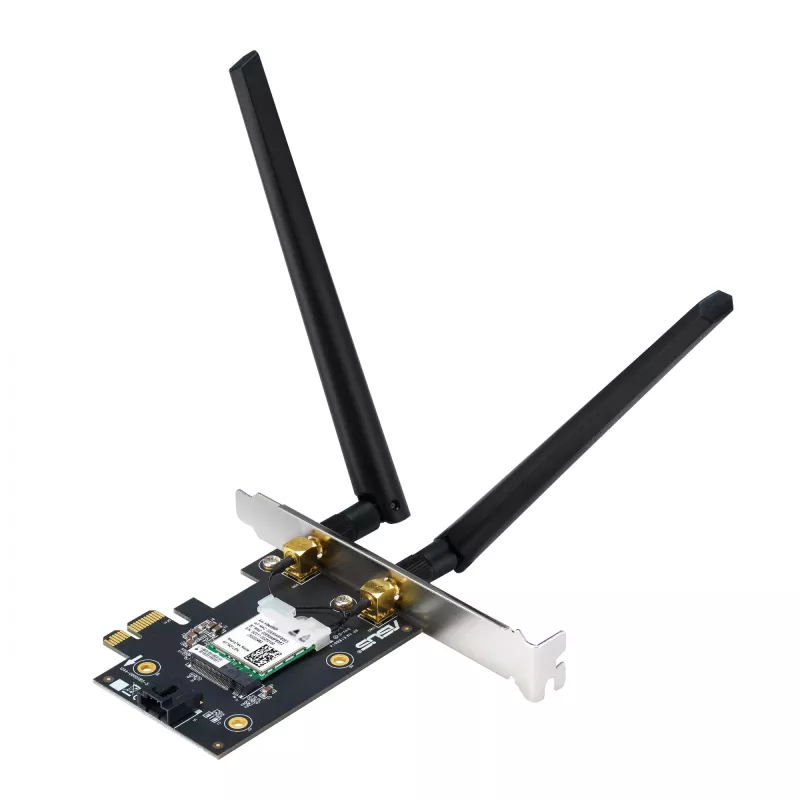 Iekšējā WLAN karte ASUS PCE-AXE5400 — PCIe, Wi‑Fi 6E trīsjoslu (2.4/5/6 GHz), 2402 Mbps, Bluetooth 5.2