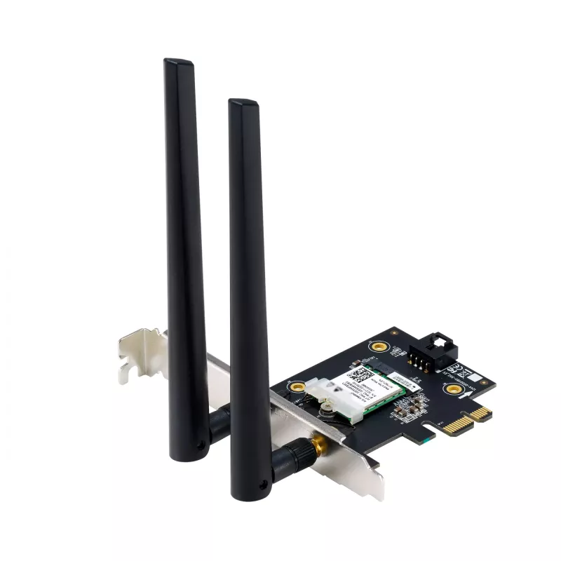 Iekšējā WLAN karte ASUS PCE-AXE5400 — PCIe, Wi‑Fi 6E trīsjoslu (2.4/5/6 GHz), 2402 Mbps, Bluetooth 5.2