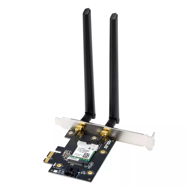 Iekšējā WLAN karte ASUS PCE-AXE5400 — PCIe, Wi‑Fi 6E trīsjoslu (2.4/5/6 GHz), 2402 Mbps, Bluetooth 5.2