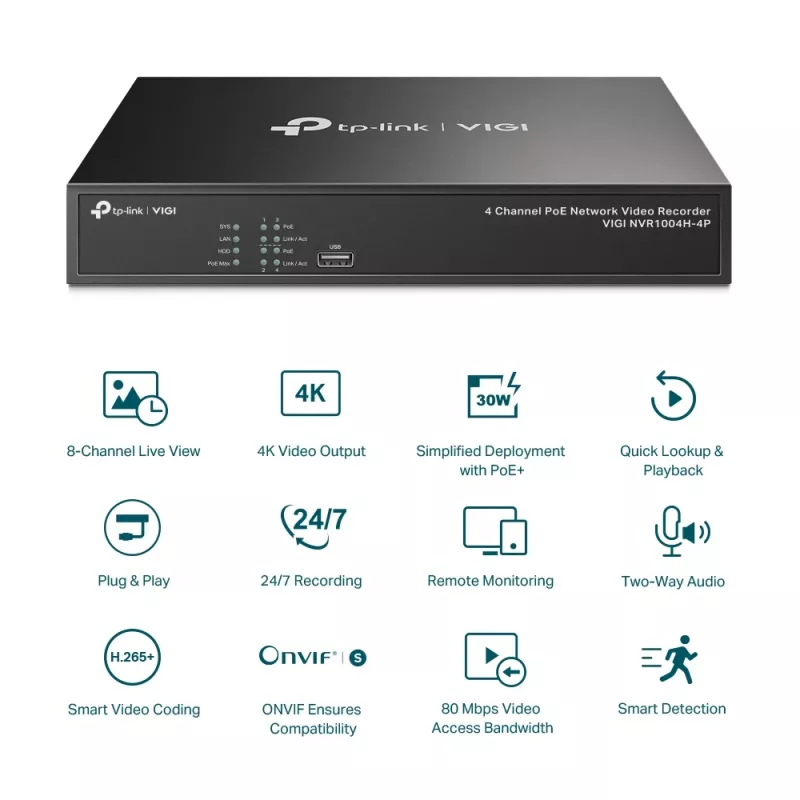 TP-Link VIGI 4 kanālu PoE+ tīkla video reģistrators